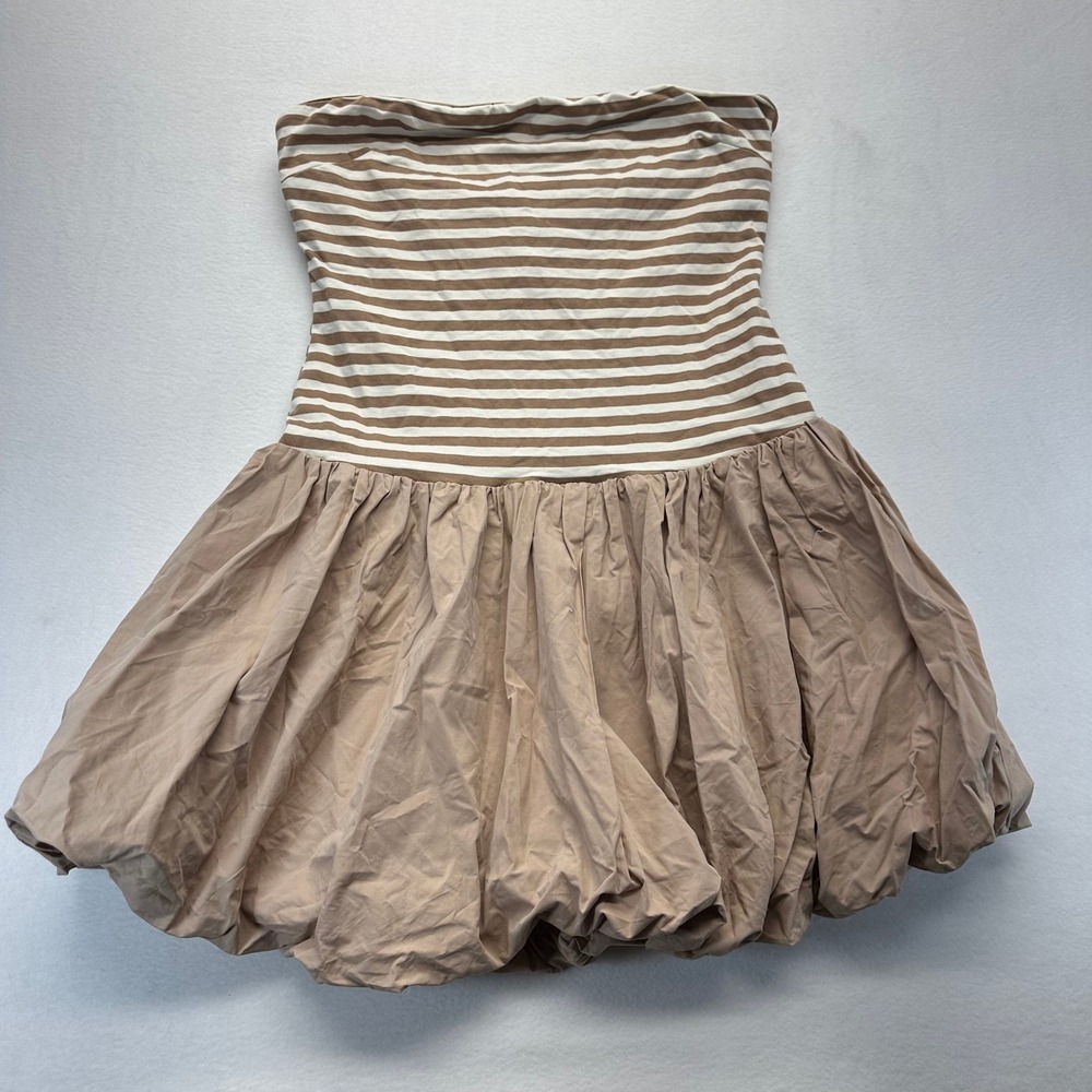 Indie Luxe Mini Dress Women Tan White Striped Strapless Bubble Hem Drop Waist - Picture 2 of 6